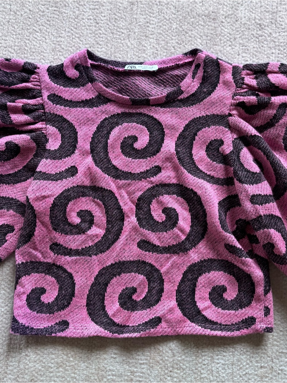 Zara Purple and Black Swirl Puff-Sleeve Crop Top Sweater Medium - Picture 2 of 9